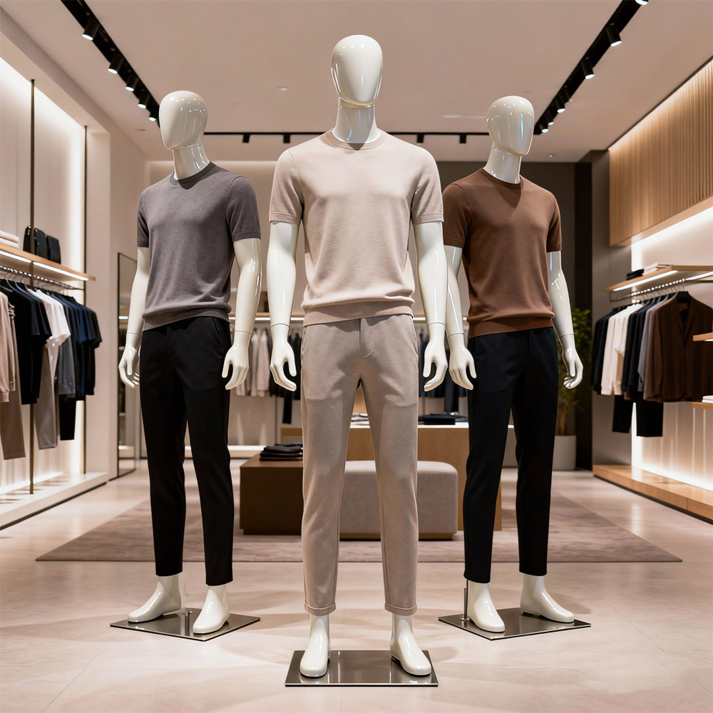 Full-body male mannequins in a modern retail showroom with premium fiberglass finish.