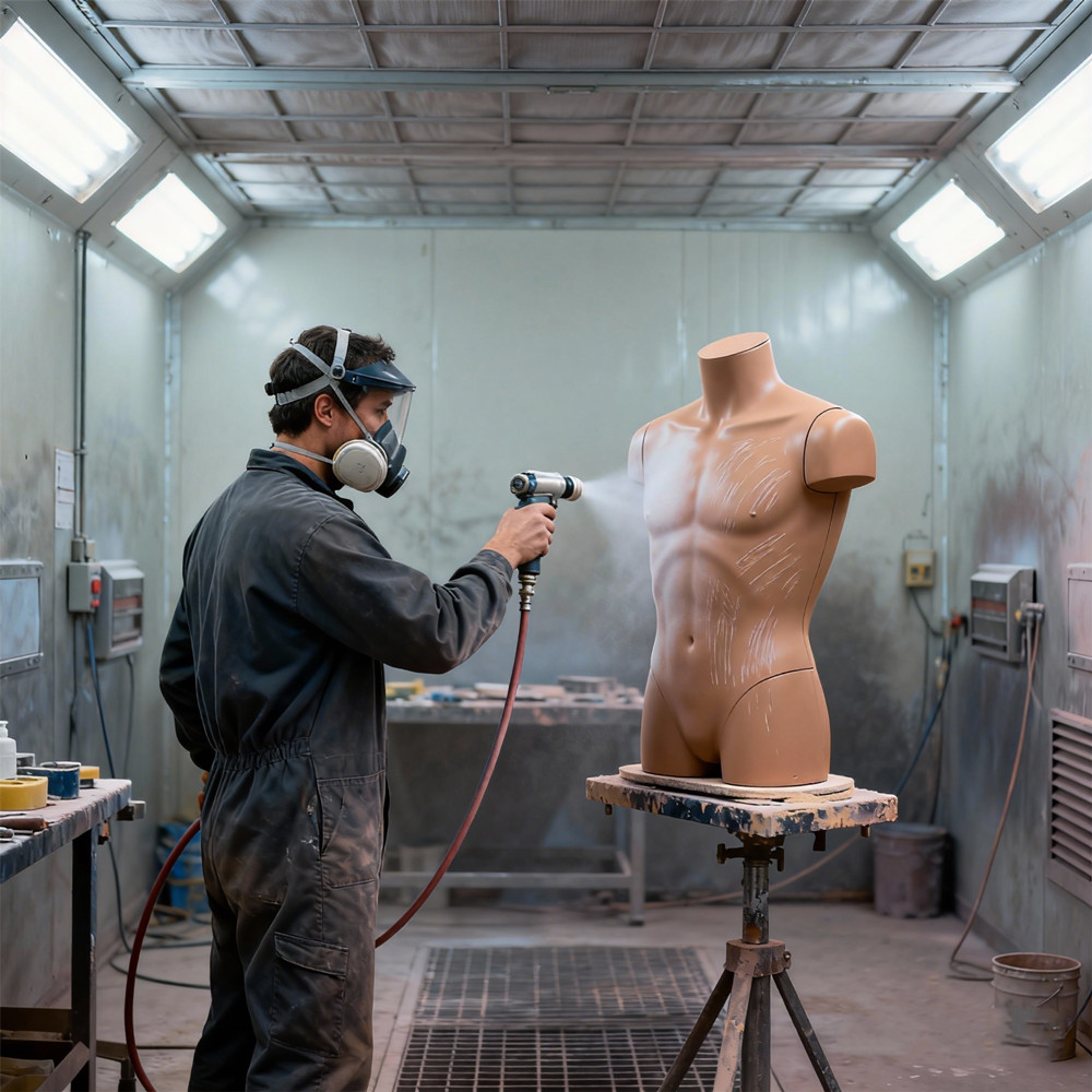 Painter applying matte finish to a male mannequin torso inside a paint booth.