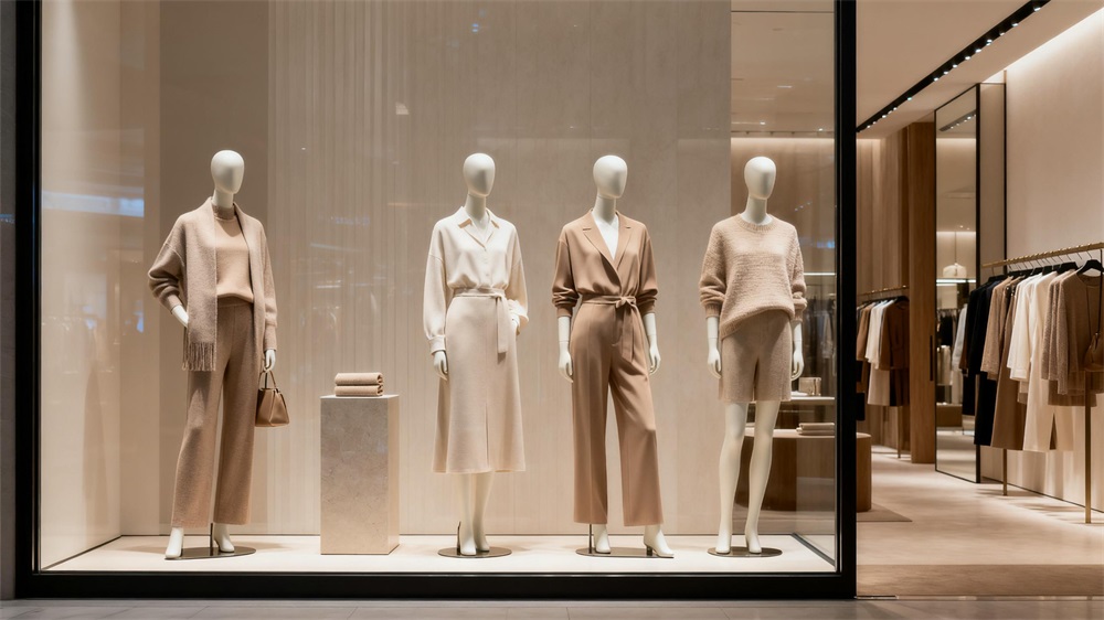 Professional mannequins displayed in a modern fashion retail store, showcasing clothing and visual merchandising design