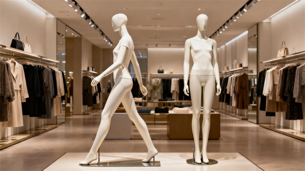 Dynamic and neutral pose mannequins used for visual merchandising in retail stores