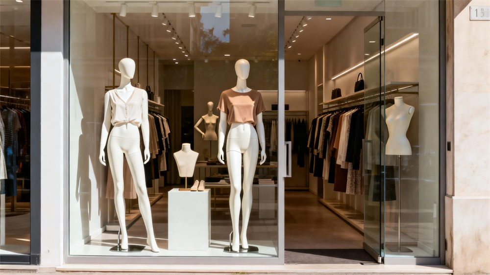 Full-body and torso mannequins used in different retail store environments and layouts